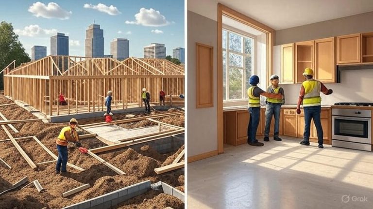 Construction site and home renovation side by side with Raleigh skyline showing building vs improvement options