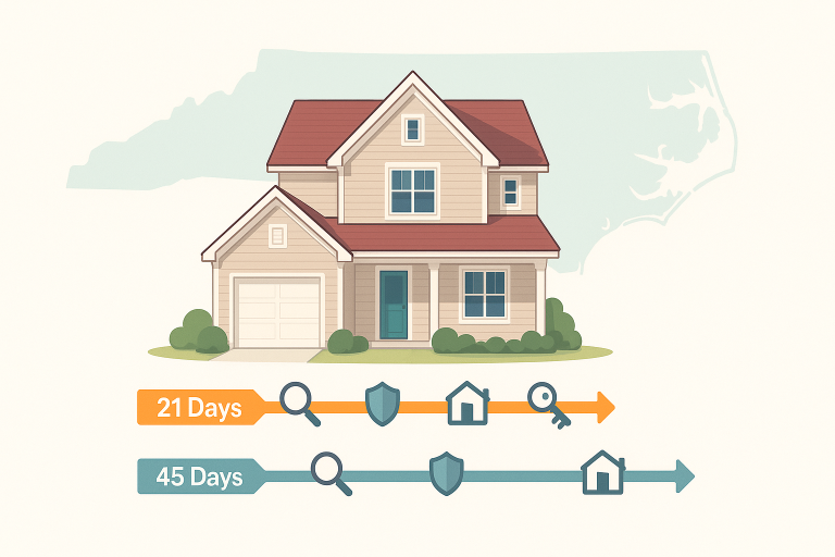 Vector graphic comparing 21-day and 45-day home closings in North Carolina with timeline icons.