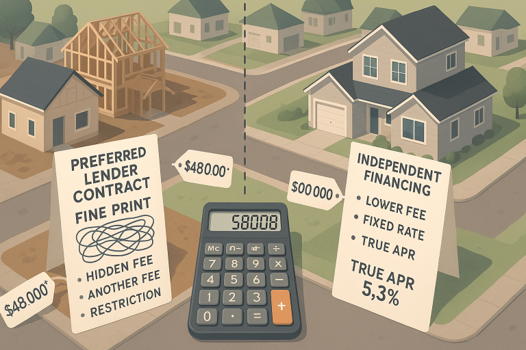 Triangle new construction homes with financing comparison showing preferred lender traps vs independent options