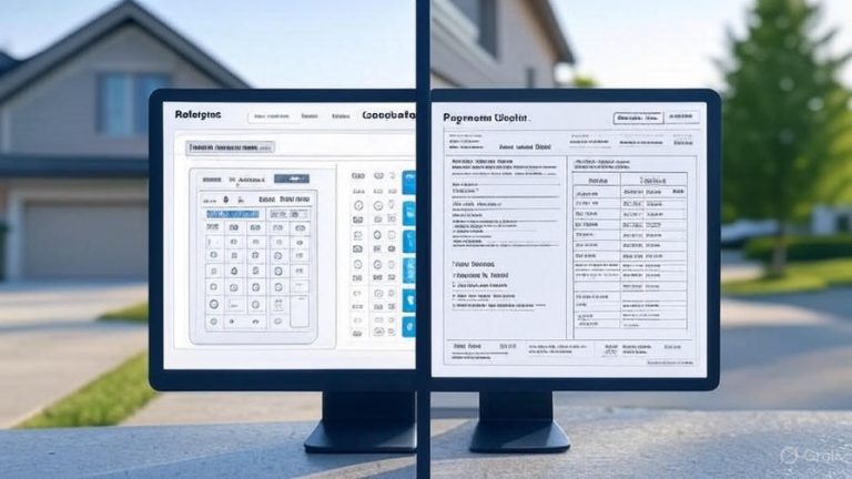 Split screen showing mortgage calculator with low payment versus detailed breakdown showing higher real costs