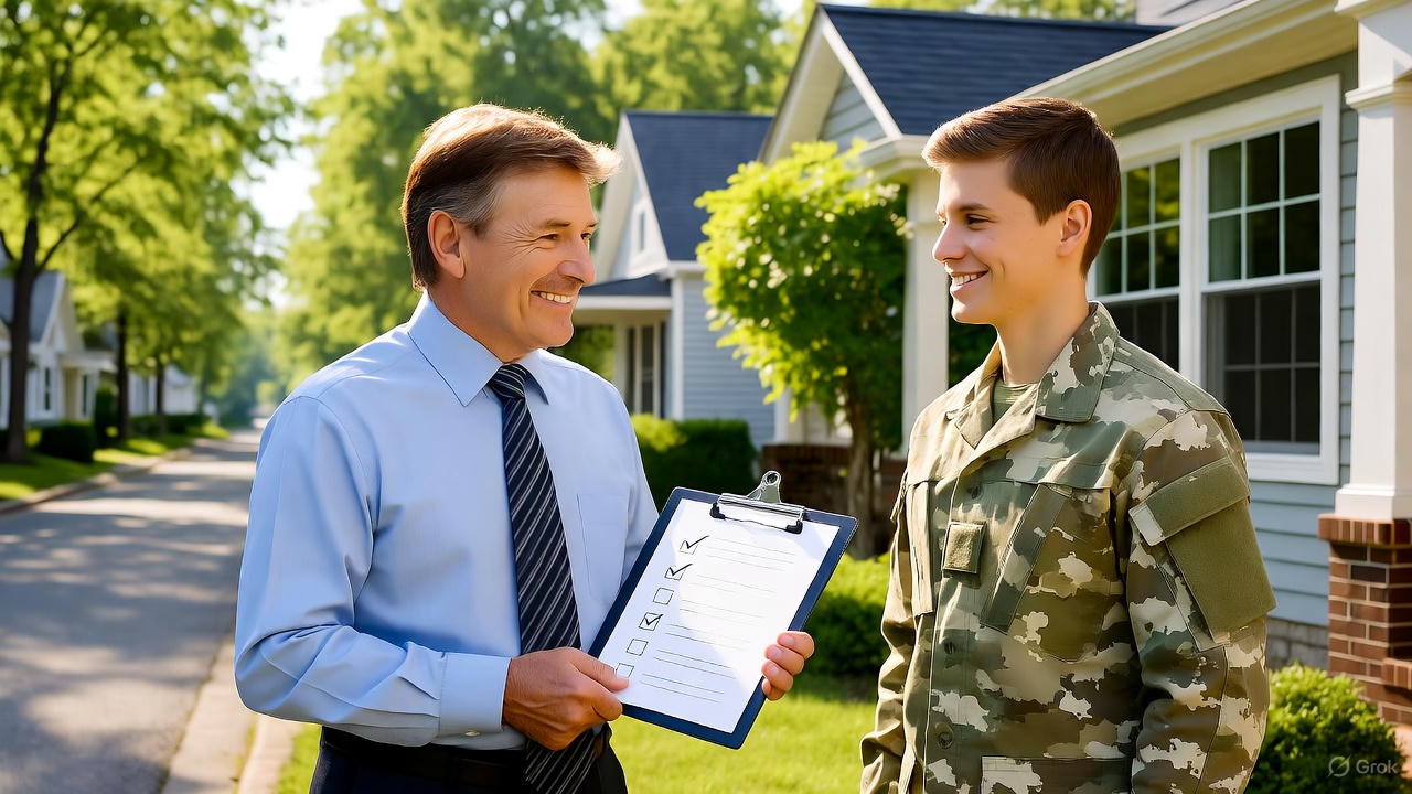 Friendly middle-aged appraiser in suit holding clipboard meets smiling young military buyer in army camo on front walk of single-family home in calm North Carolina neighborhood; photorealistic real estate appraisal scene.