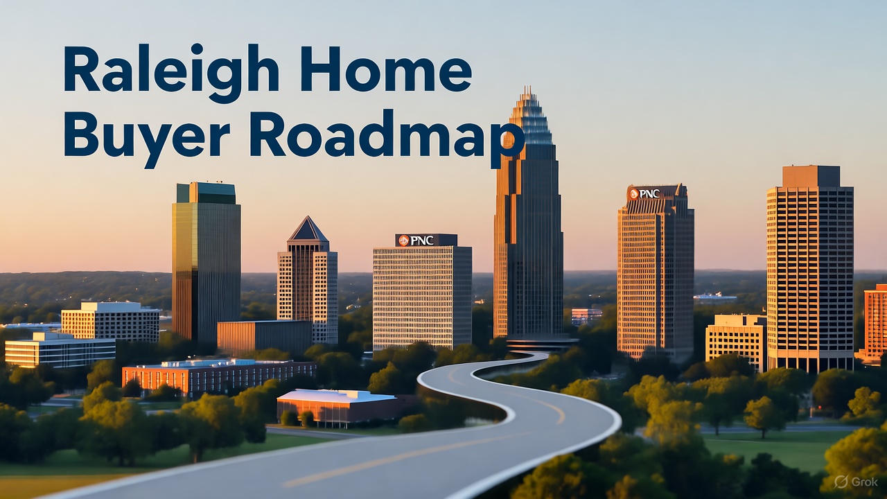 Early evening skyline of Raleigh, NC, featuring PNC Plaza and mid-rise buildings in soft golden light, with a winding path leading to the city and overlay text "Raleigh Home Buyer Roadmap".