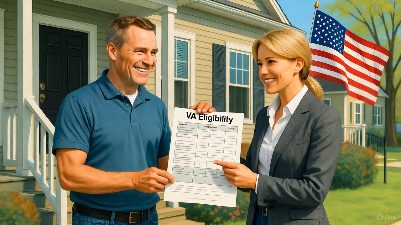 Illustrated landscape scene of a diverse veteran and real estate agent discussing VA loan eligibility chart on a sunny Raleigh home porch, with American flag, featuring process steps for active duty, reserves, and surviving spouses.