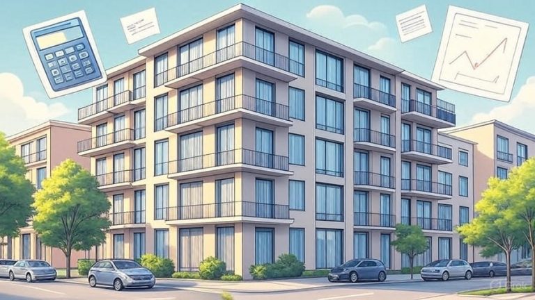 Modern Raleigh condominium building with financial warning symbols and documents indicating HOA approval risks