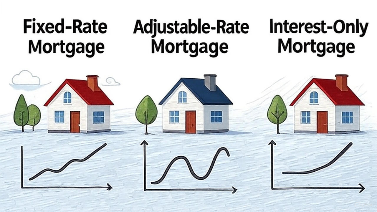 Illustrated comparison of three mortgage types: fixed-rate (steady graph), adjustable-rate (wavy graph), and interest-only (rising graph) with colorful house icons on a white background for home financing education.