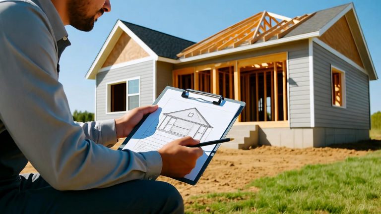 A home inspector kneels beside a partially finished new house, reviewing foundation and framing blueprints on a clipboard. The construction site shows exposed lumber and concrete foundation under bright daylight, symbolizing careful inspection and documentation for VA, FHA, and conventional homebuyers purchasing new construction