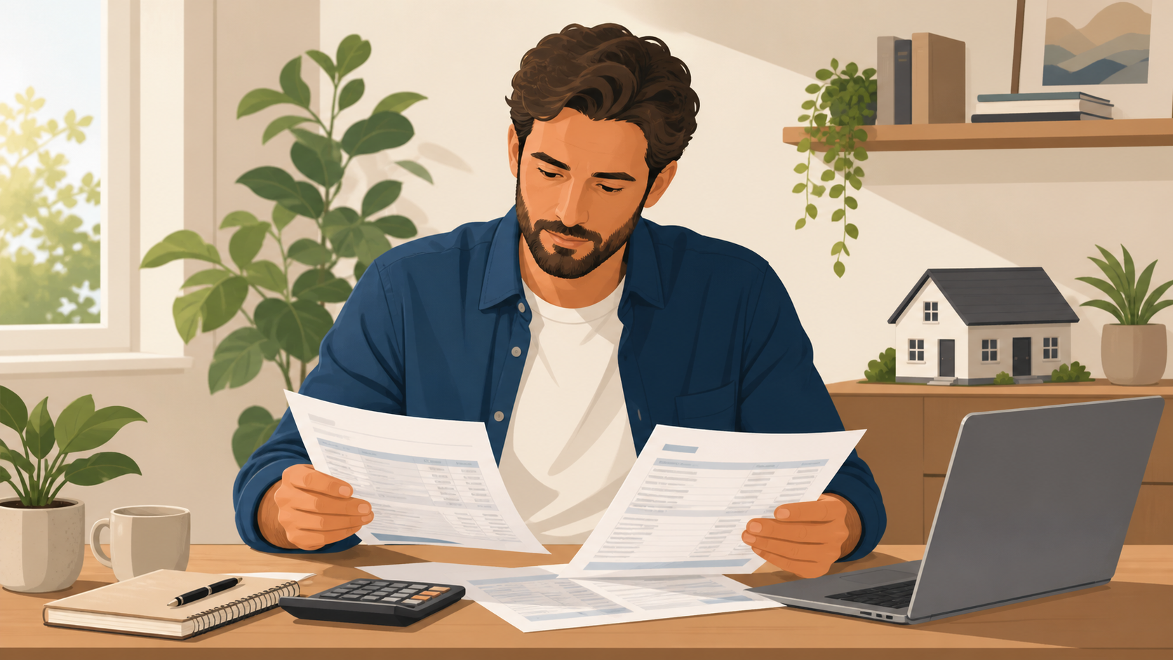 Illustration of a self-employed man reviewing bank statements at a desk with a calculator, laptop, and small house model — representing bank statement loan qualification for a mortgage